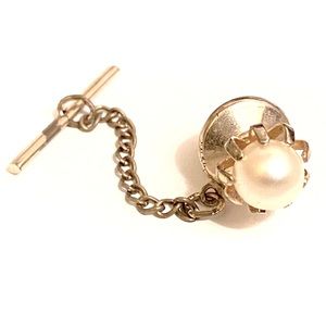 Vintage Pearl Tie Tack with Gold Chain Clasp Mens Classic Necktie Pin Accessory